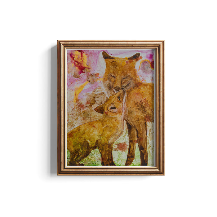 Framed artwork print of two foxes embracing with a colorful nature inspired background.
