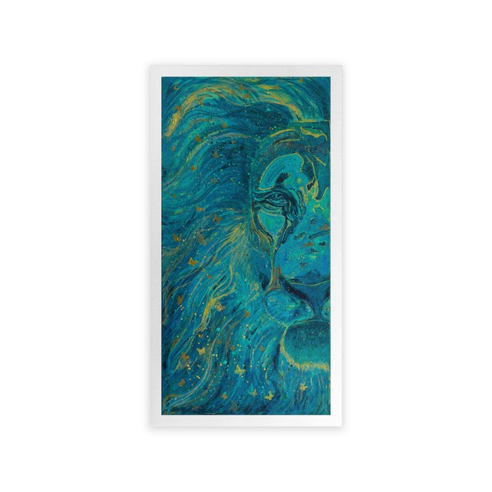 Artistic depiction of a lion's face with green, blue and gold colors on a white background