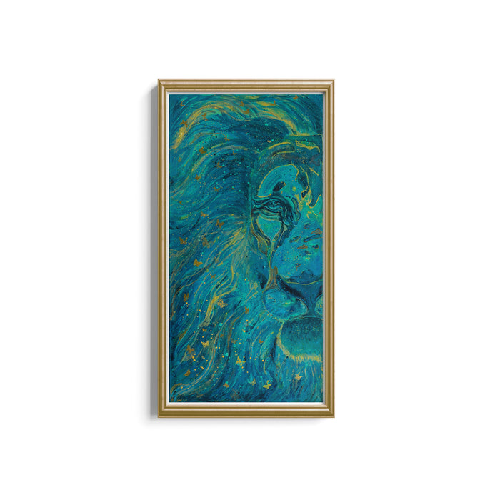 Framed artwork of a lion's head with teal and gold colors on a white background