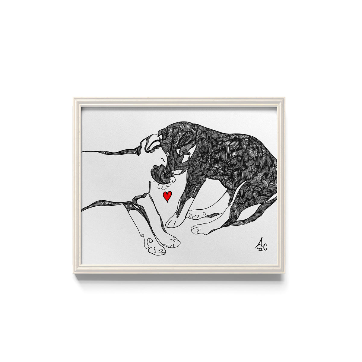 Framed black and white illustration of two puppies sleeping with a red heart.