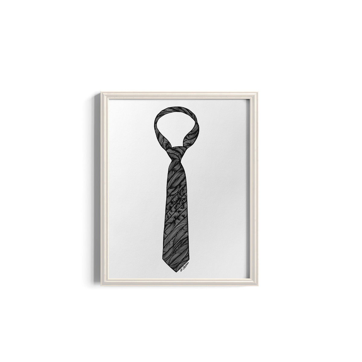 Framed artwork of a black and white striped tie on a white background