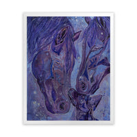 Artwork featuring two horses and a dog in purple tones.
