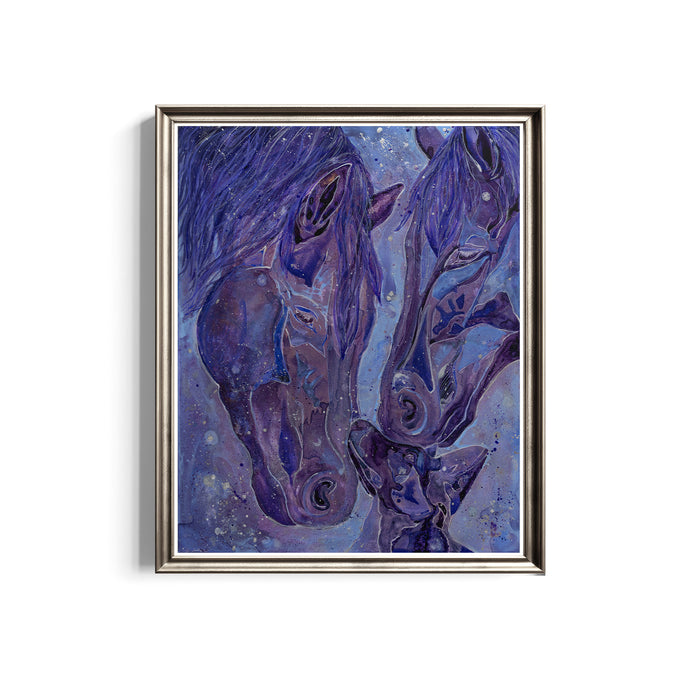 Framed art print of two horses and a dog in purple tones and metallic accents.