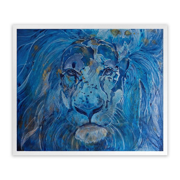Artistic depiction of a lion's face with blue tones and metallic touches
