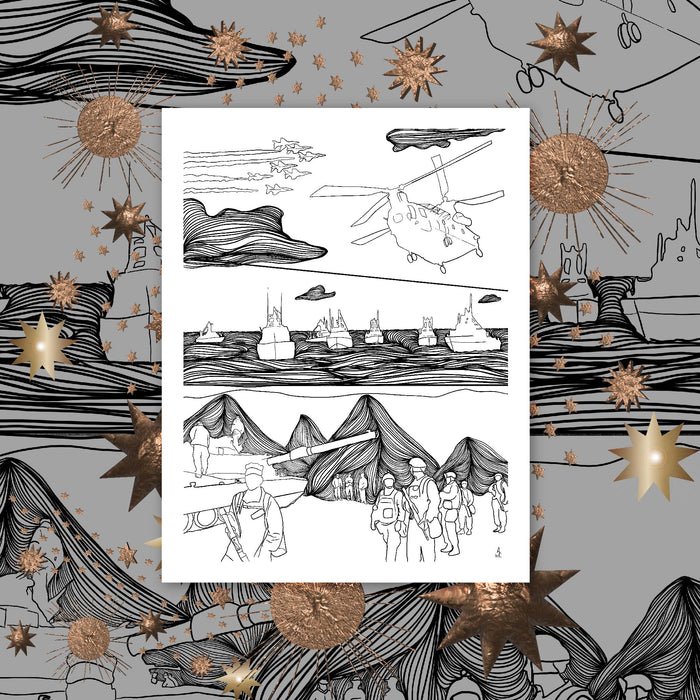Military themed art print featuring fine line patterns