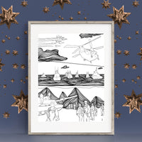 Framed military themed art print featuring fine line patterns