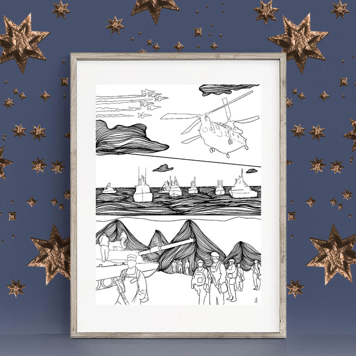 Framed military themed art print featuring fine line patterns