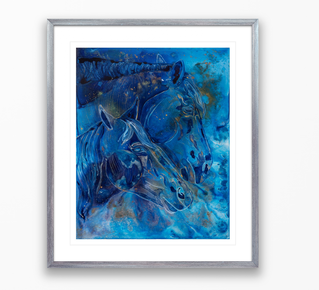 Framed artwork of a blue abstract horse design with swirling patterns on a white background