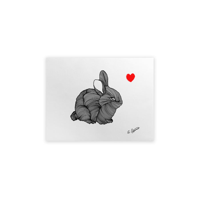 Line Pattern illustration of a bunny with a red heart on a white background