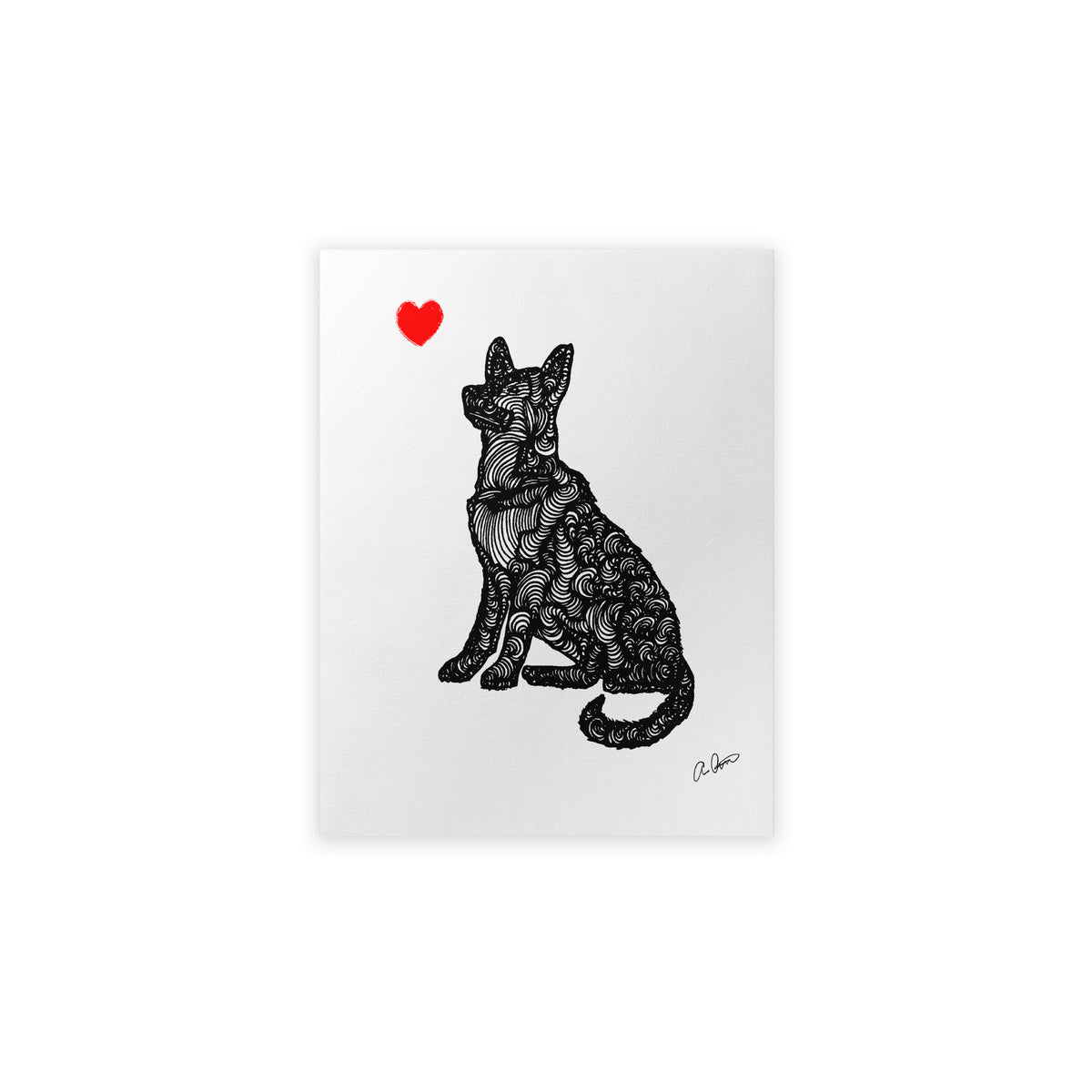 Line pattern illustration of a German Shepherd with a red heart on a white background