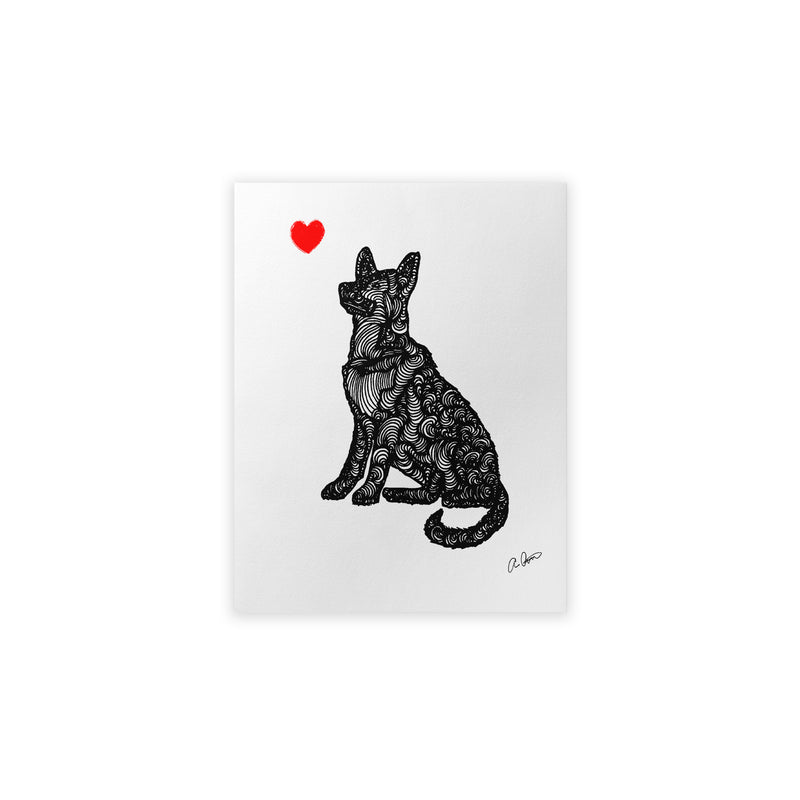Line pattern illustration of a German Shepherd with a red heart on a white background