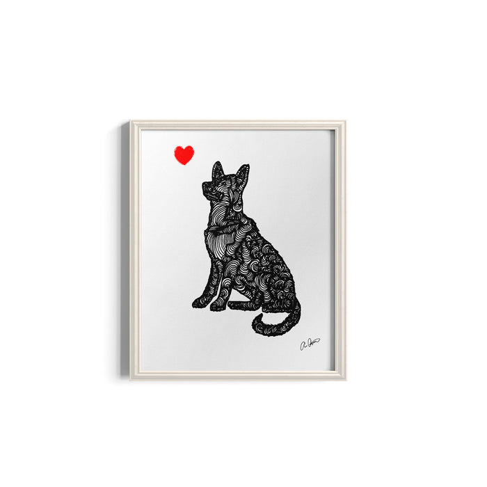 Framed artwork of a German Shepherd with a red heart on a white background