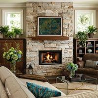 A styled living room featuring a large stone fireplace with a wood mantel and a framed abstract German Shepherd Dog painting above it. A lit fire burns in the fireplace insert.