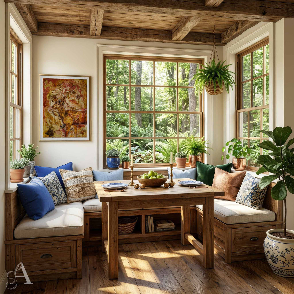 A cozy sunroom corner with a built-in wooden banquette seating area, a matching wooden dining table, and multiple potted plants. The room features warm wood ceiling beams, large multi-pane windows looking out to a lush green forest, and a colorful framed abstract painting of a deer on the wall.