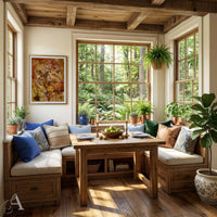 A cozy sunroom corner with a built-in wooden banquette seating area, a matching wooden dining table, and multiple potted plants. The room features warm wood ceiling beams, large multi-pane windows looking out to a lush green forest, and a colorful framed abstract painting of a deer on the wall.