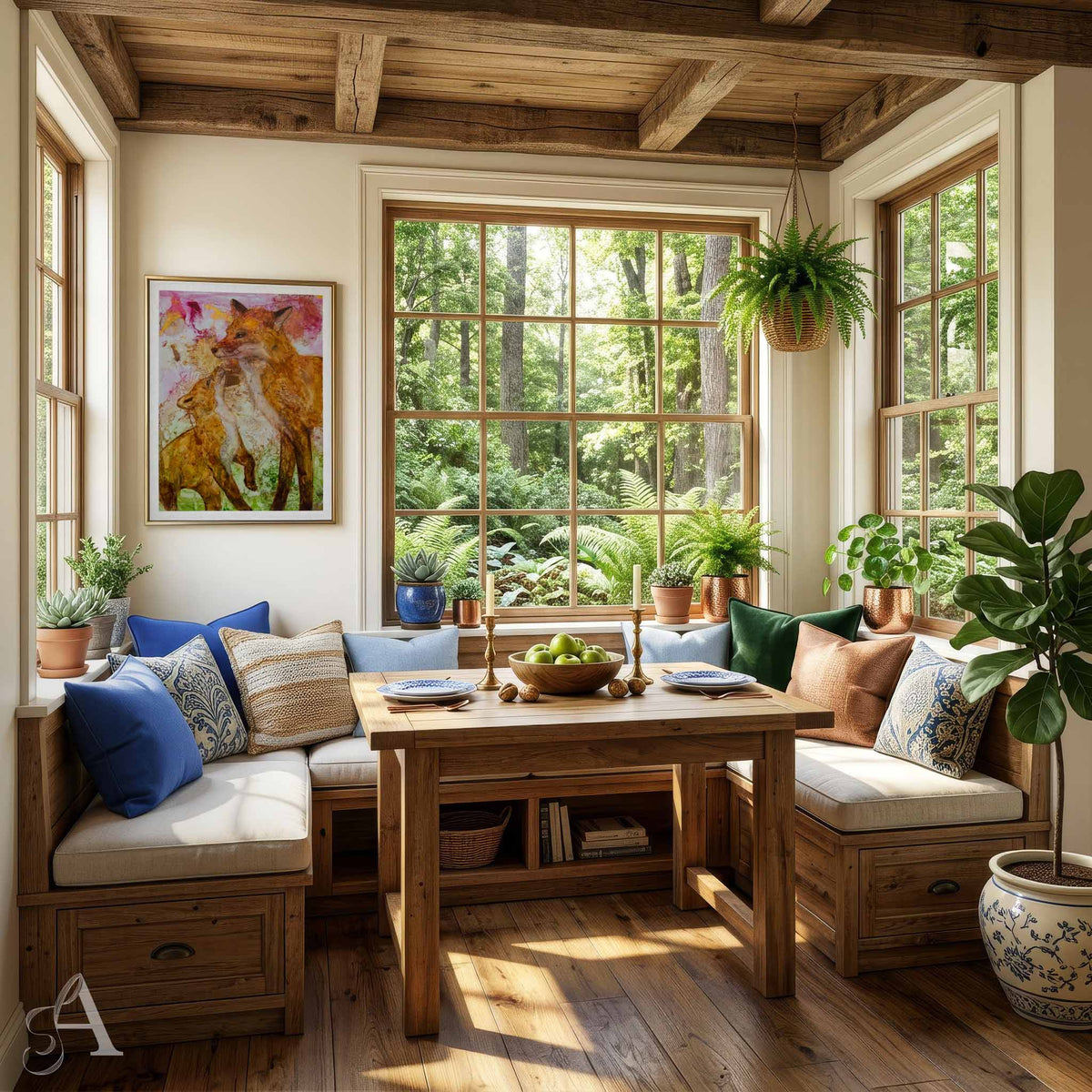 A cozy sunroom corner with a built-in wooden bench seating area around a central wooden dining table, decorated with blue, beige, and green pillows. A framed painting of a fox and her kit on the wall. Large multi-pane windows look out to a lush green forest, and potted plants are placed on the windowsill and floor.