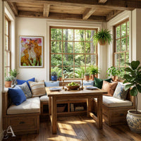 A cozy sunroom corner with a built-in wooden bench seating area around a central wooden dining table, decorated with blue, beige, and green pillows. A framed painting of a fox and her kit on the wall. Large multi-pane windows look out to a lush green forest, and potted plants are placed on the windowsill and floor.