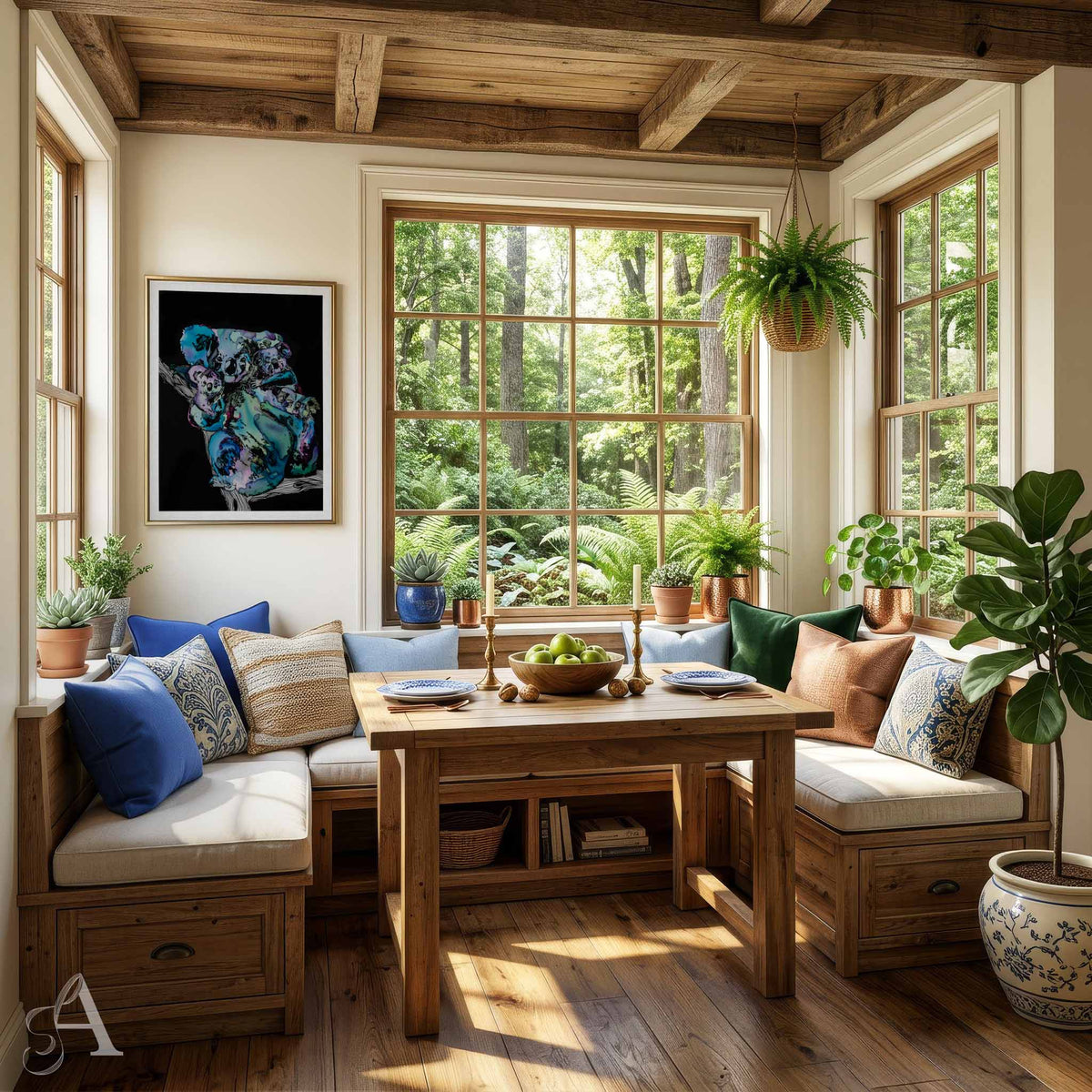 A cozy sunroom dining nook with a wooden table, cushioned bench seating, potted plants, and large windows looking out onto a lush green forest. A framed colorful koala animal print hangs on the wall.