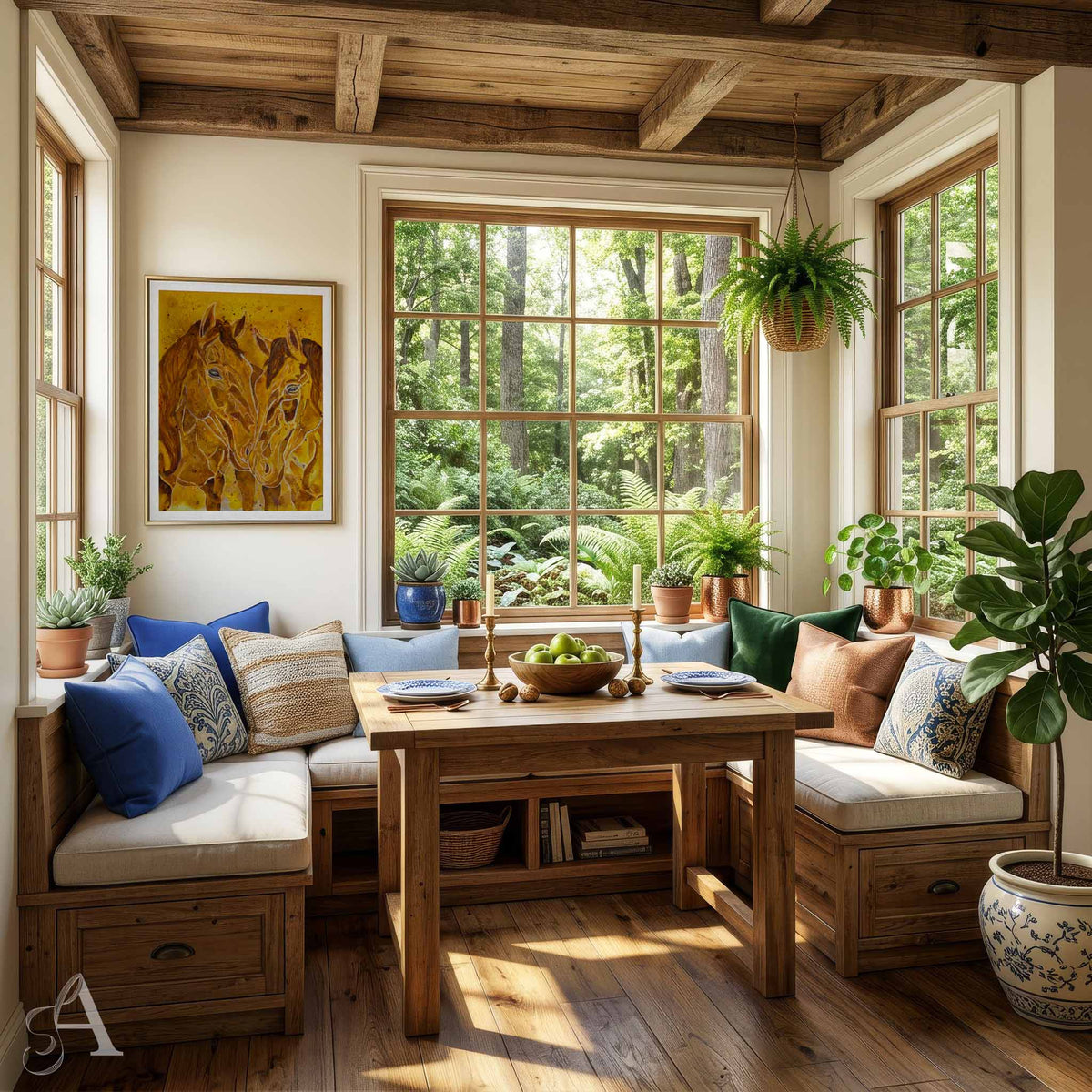 A cozy sunroom corner with a built-in wooden banquette seating area, a matching wooden dining table, and multiple potted plants. A framed abstract horse painting hangs on the wall.