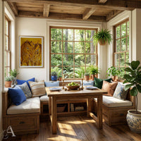 A cozy sunroom corner with a built-in wooden banquette seating area, a matching wooden dining table, and multiple potted plants. A framed abstract horse painting hangs on the wall.