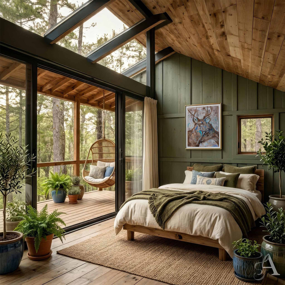 A rustic, bohemian-style bedroom with a wooden bed, sage green paneled walls, and large glass windows looking out to a wooden deck and forest. The room is decorated with potted plants, framed artwork of deer, a hanging chair, and a rustic wood ceiling.