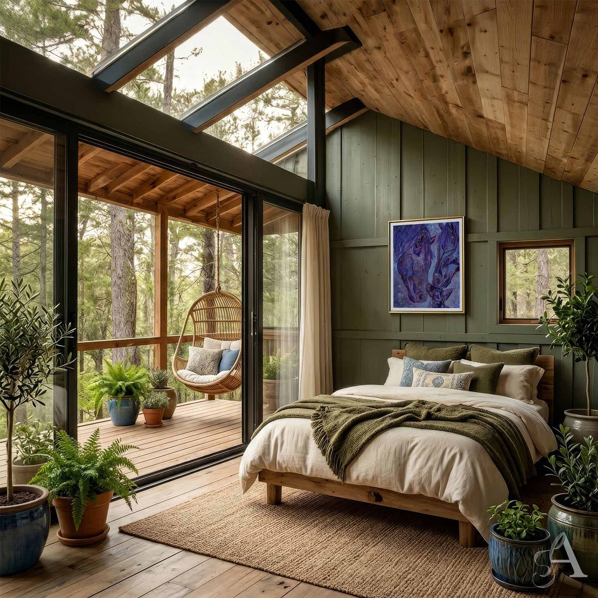 A rustic, cozy bedroom with a wooden bed, beige bedding, and a green paneled wall, featuring large glass windows that open onto a wooden deck with a hanging chair and forest view. Purple framed artwork of horses and a dog on the wall.