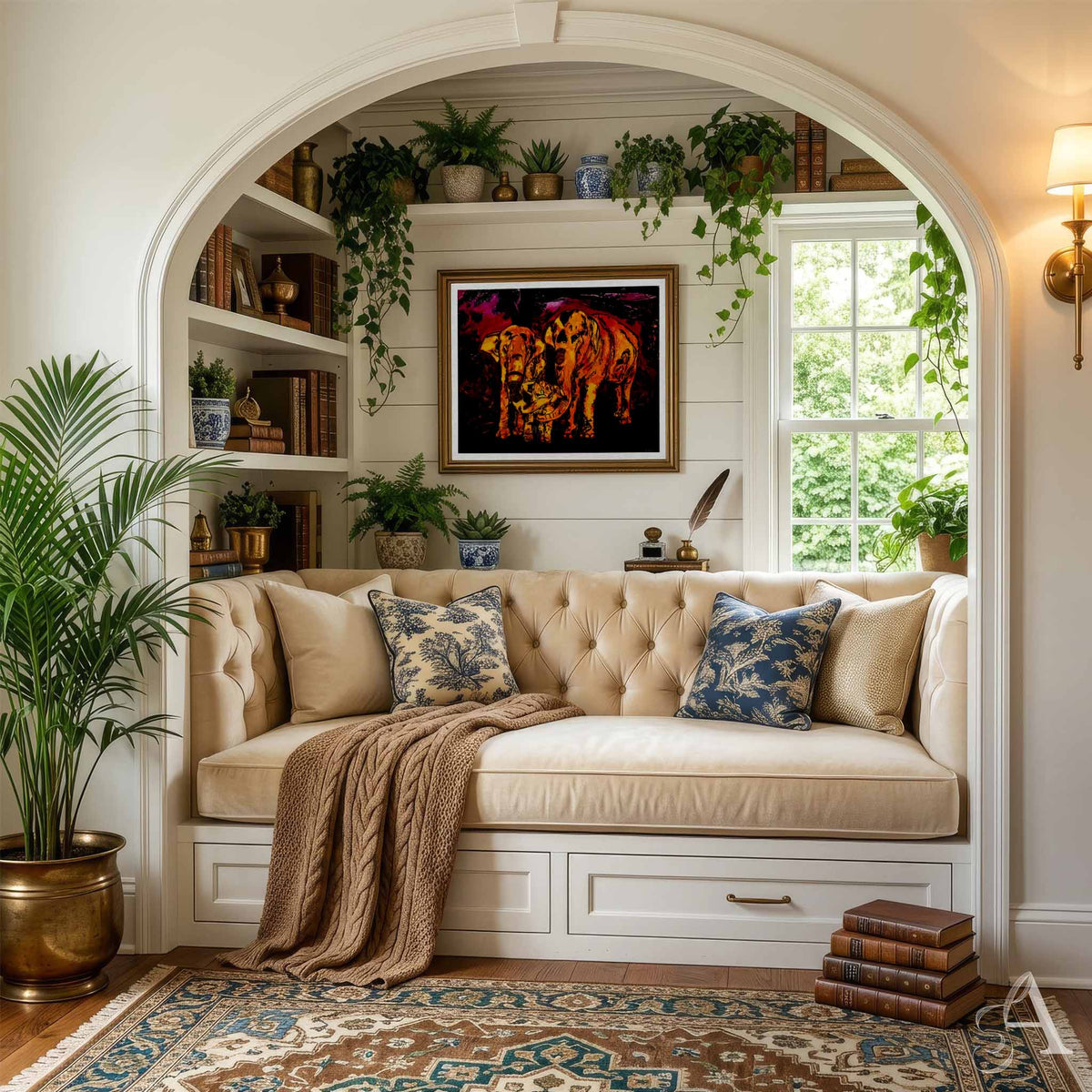A cozy built-in bench seat with tufted upholstery and storage drawers, styled with beige and blue patterned pillows and a brown throw blanket in a bright, plant-filled room.