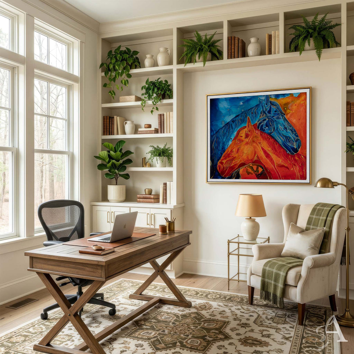 A bright home office with a wooden desk, office chair, shelving, plants, and a large colorful framed painting of two horses on the wall in blues and reds.