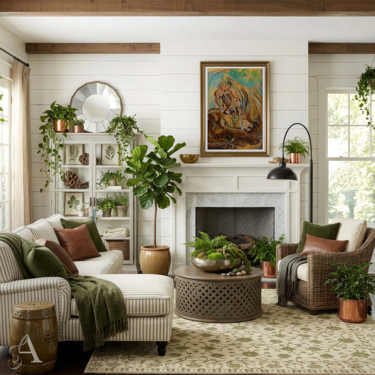 A beautifully styled living room featuring a white shiplap wall, a fireplace with a framed painting above it, a striped chaise lounge, a wicker armchair, and multiple potted green plants.