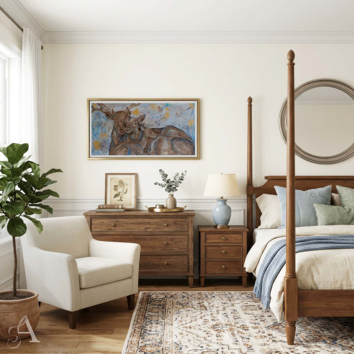 A styled bedroom interior featuring a wooden four-post bed, matching wooden nightstand and dresser, a cream armchair, a potted plant, and a large framed painting of a deer on the wall.