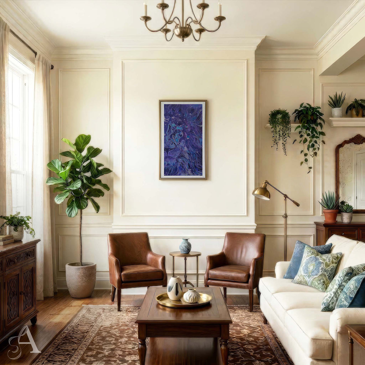 A styled living room interior with cream walls, a chandelier, two brown leather armchairs, a white sofa with blue patterned pillows, a wooden coffee table, rug, plants, and framed wall art.