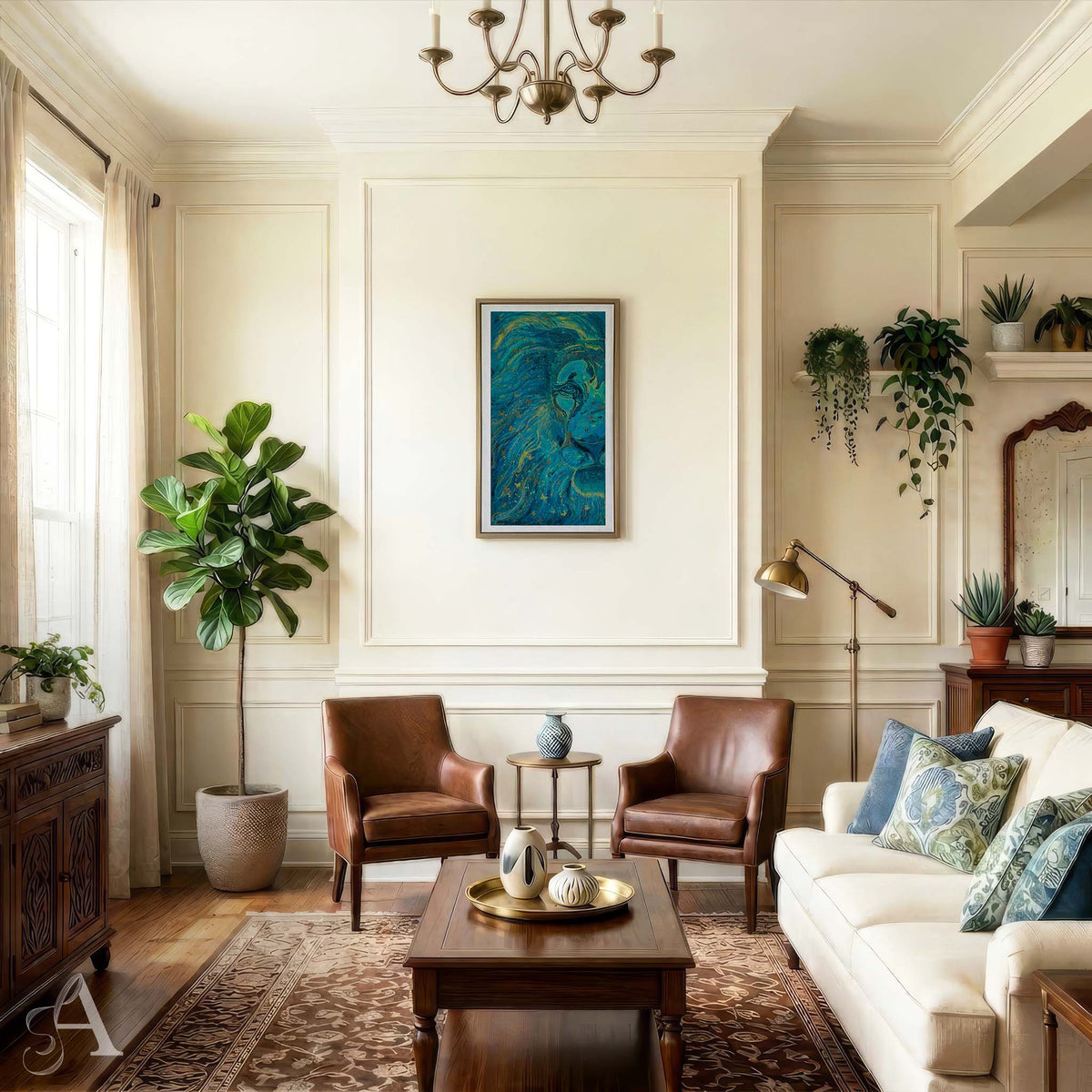 A styled living room interior with cream walls, a blue abstract wall art print, two brown leather armchairs, a white sofa with blue patterned pillows, a wooden coffee table, and multiple potted plants.