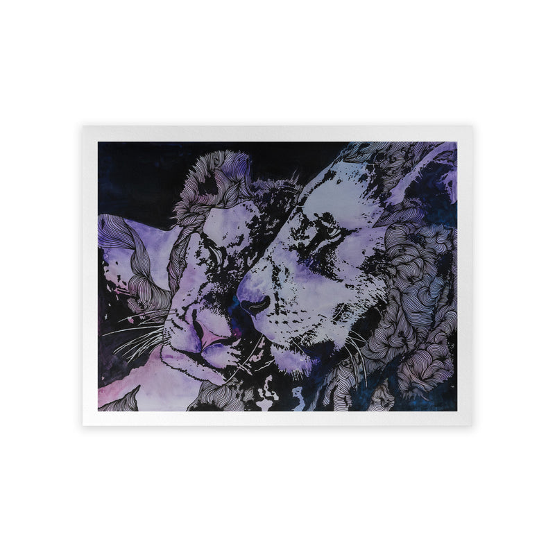 Artwork of two lions embracing with a purple, pink and blue color scheme.