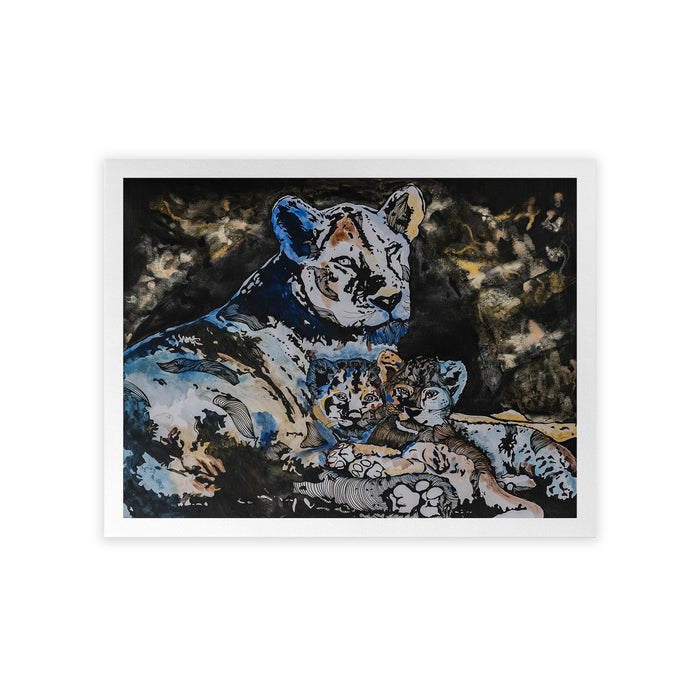 Framed artwork of a mother lion with her cubs on a dark background