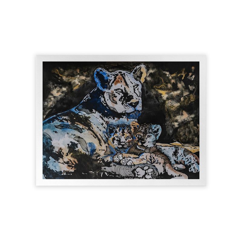 Framed artwork of a mother lion with her cubs on a dark background