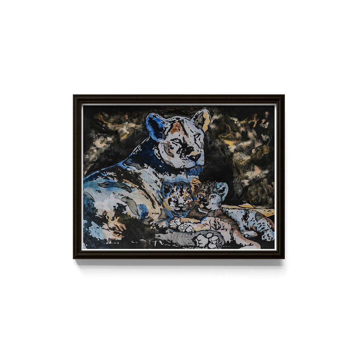 Framed art print of a mother lion and her cubs with blue, and brown tones.