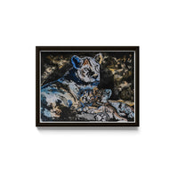 Framed art print of a mother lion and her cubs with blue, and brown tones.