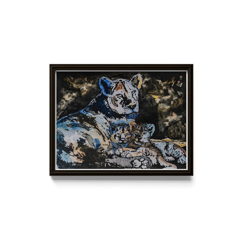 Framed art print of a mother lion and her cubs with blue, and brown tones.