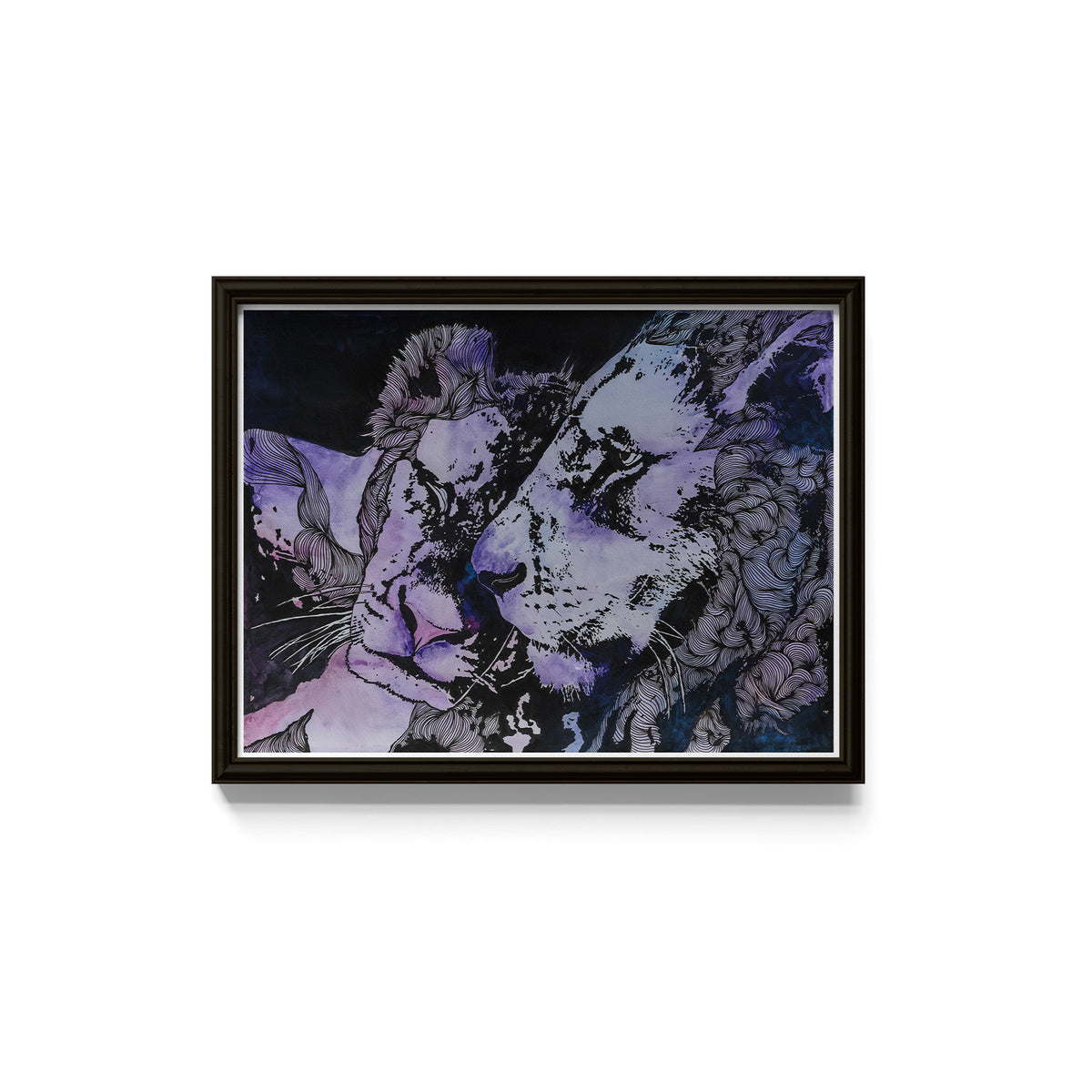 Framed artwork of stylized lions embracing with intricate line pattern elements.