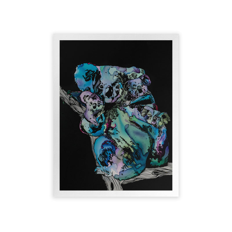 Colorful abstract art print of a koala on a black background
