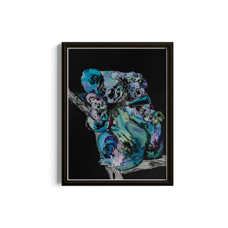 Framed abstract art print of koalas on a black background