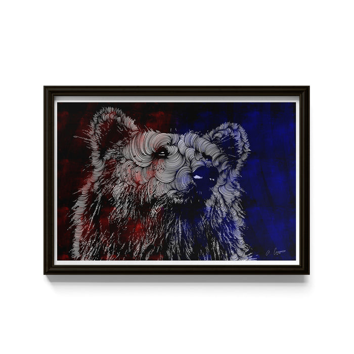 Framed artwork of a bear with red, white and blue colors