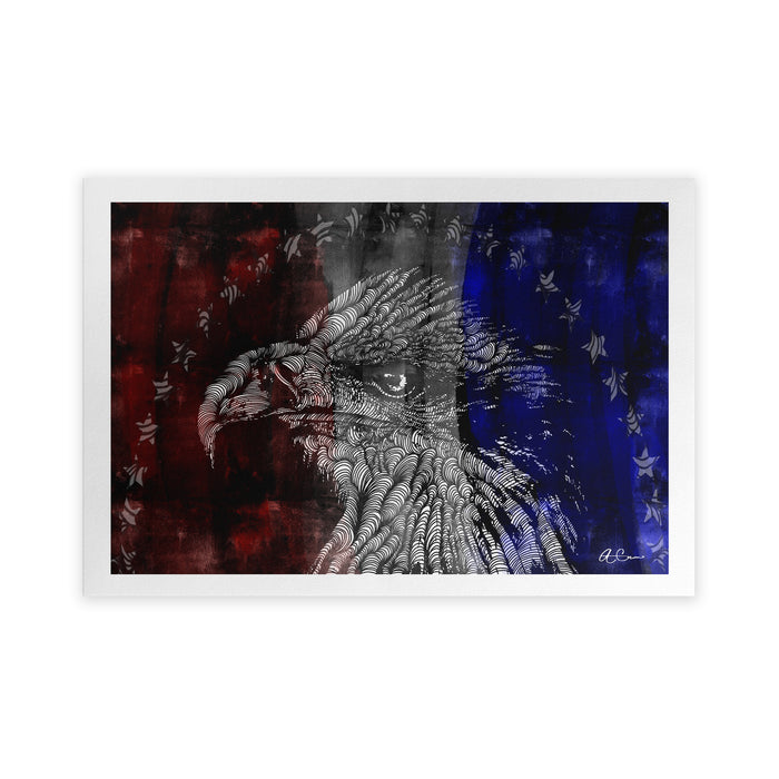 Artwork of an eagle with a red and blue background