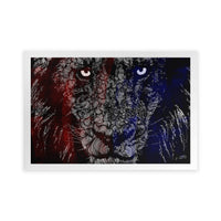 Artistic depiction of a lion with red, white and blue colors