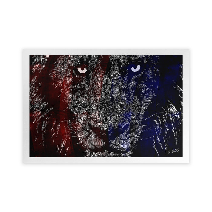 Artistic depiction of a lion with red, white and blue colors