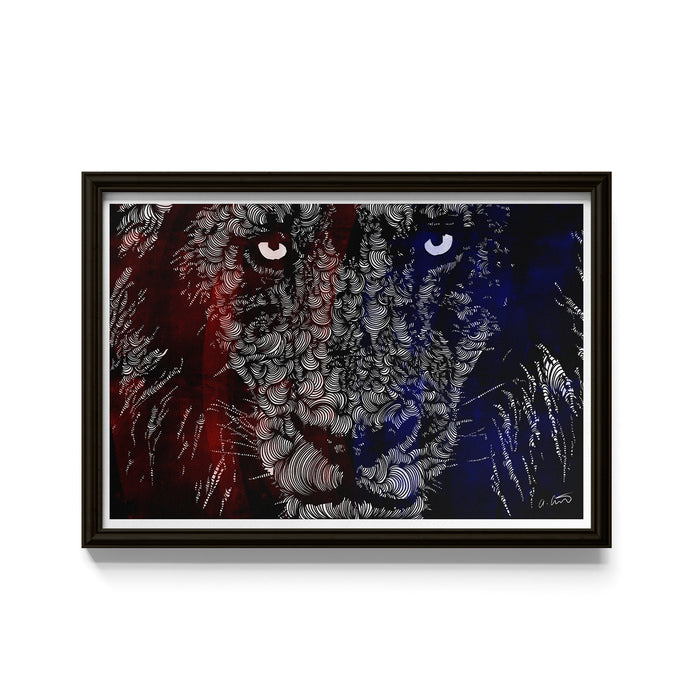 Framed artwork of a stylized lion with red, white and blue accents 