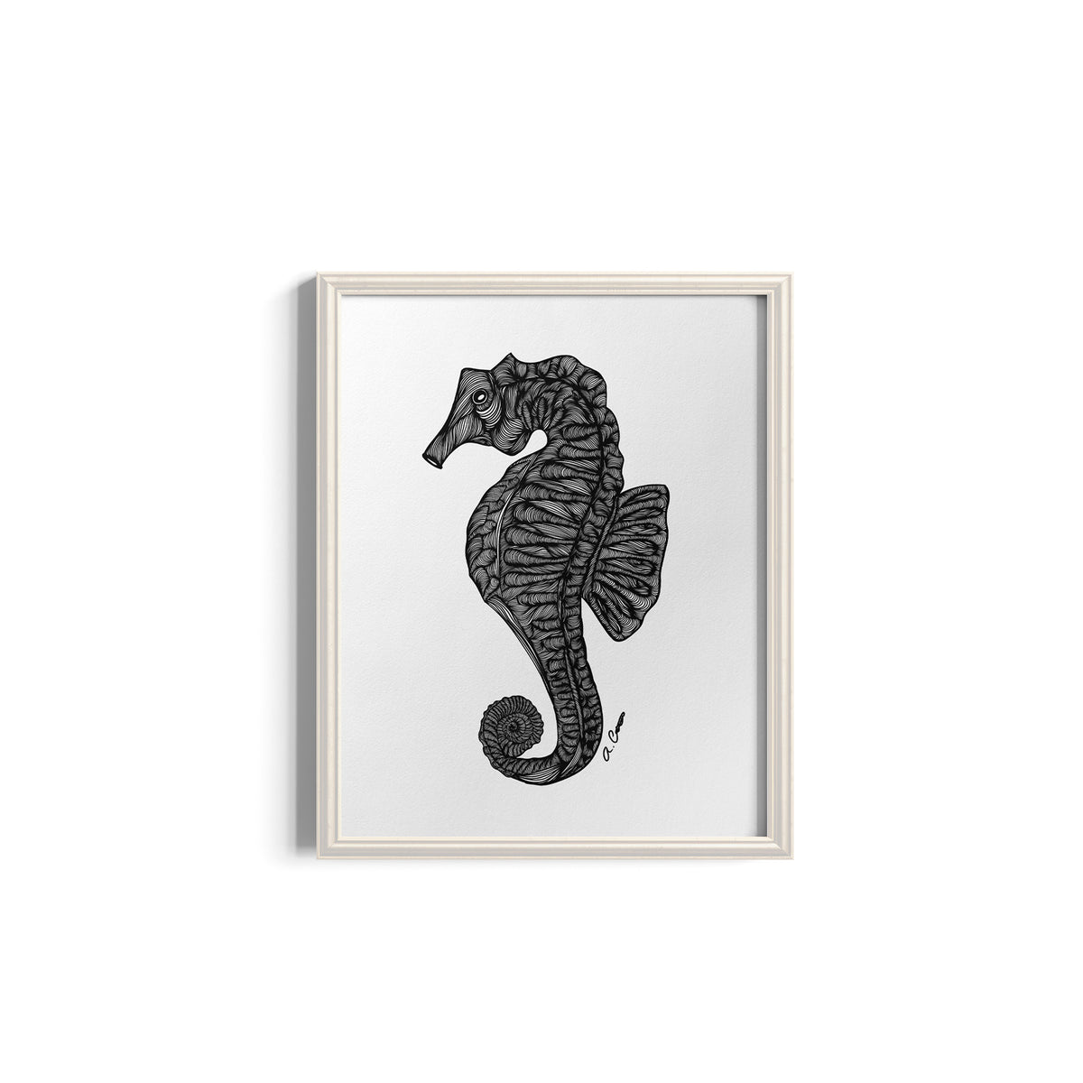 Framed artwork of a black seahorse on a white background