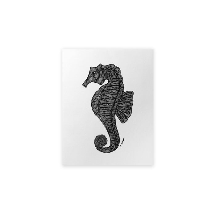 Black and white illustration of a seahorse on a white background
