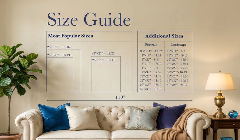 Size guide displayed on a wall in a living room setting with a sofa and decor items.