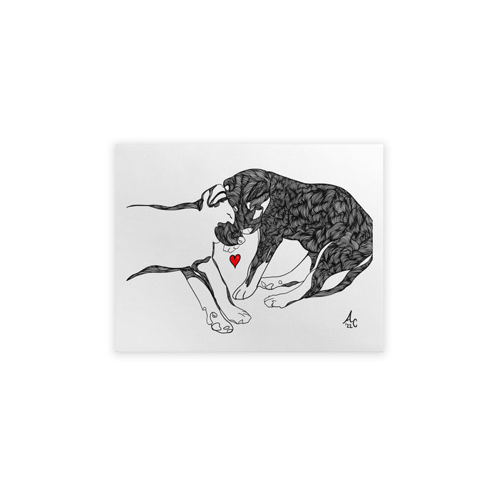 Black and white illustration of two puppies sleeping with a red heart.
